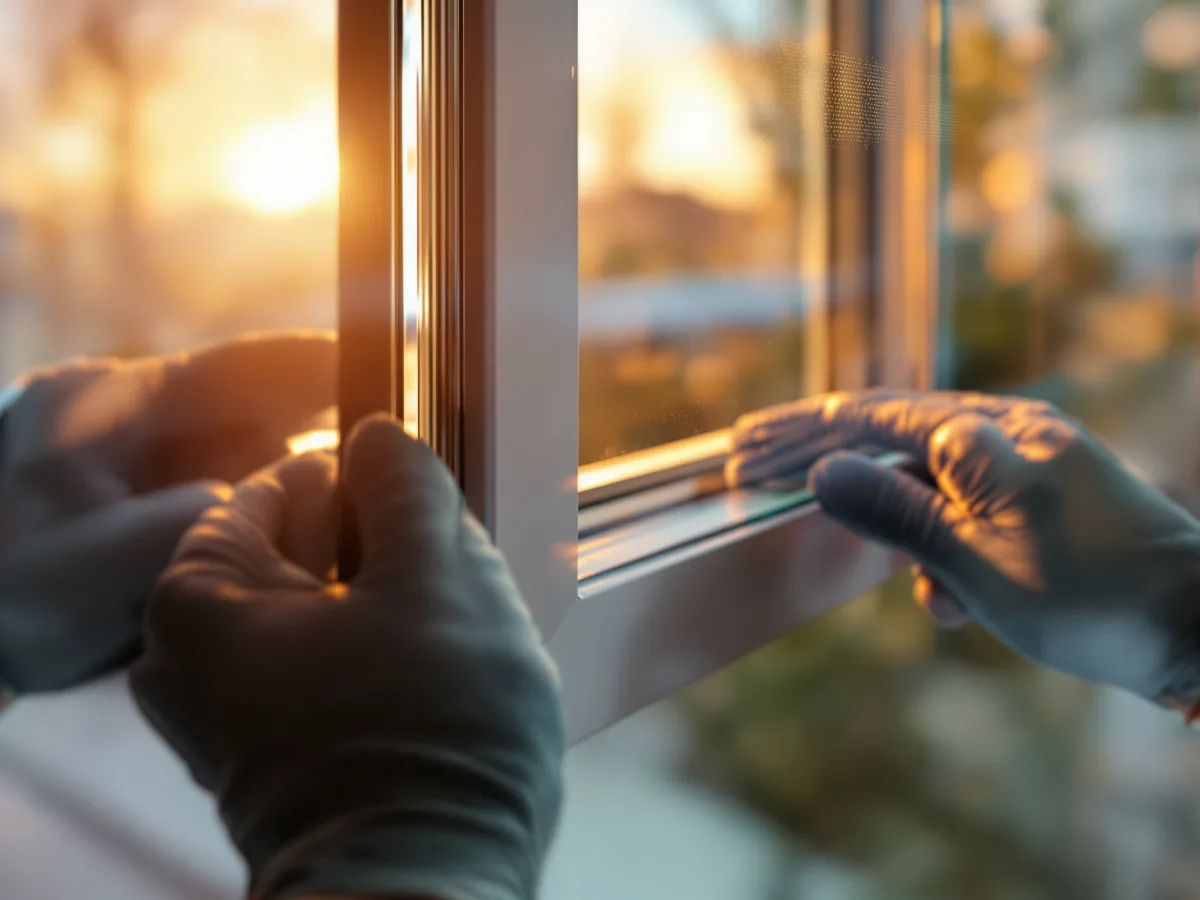 Vitrier à Anderlecht posant avec soin une grande vitre dans une fenêtre de maison de rangée bruxelloise